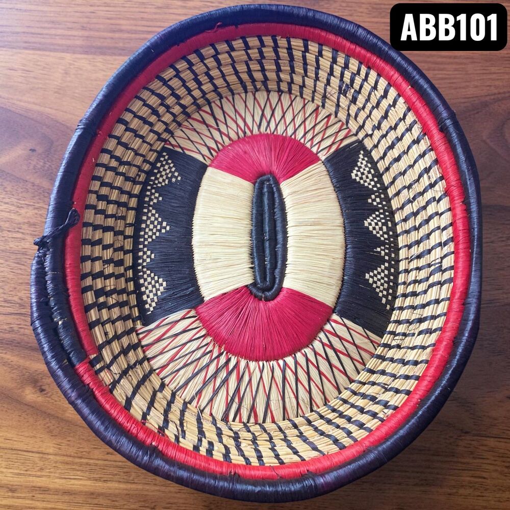 Handmade Kenyan Woven Sisal Basket 12x10 Oval Geometric Boho Bread Bowl Wall Art